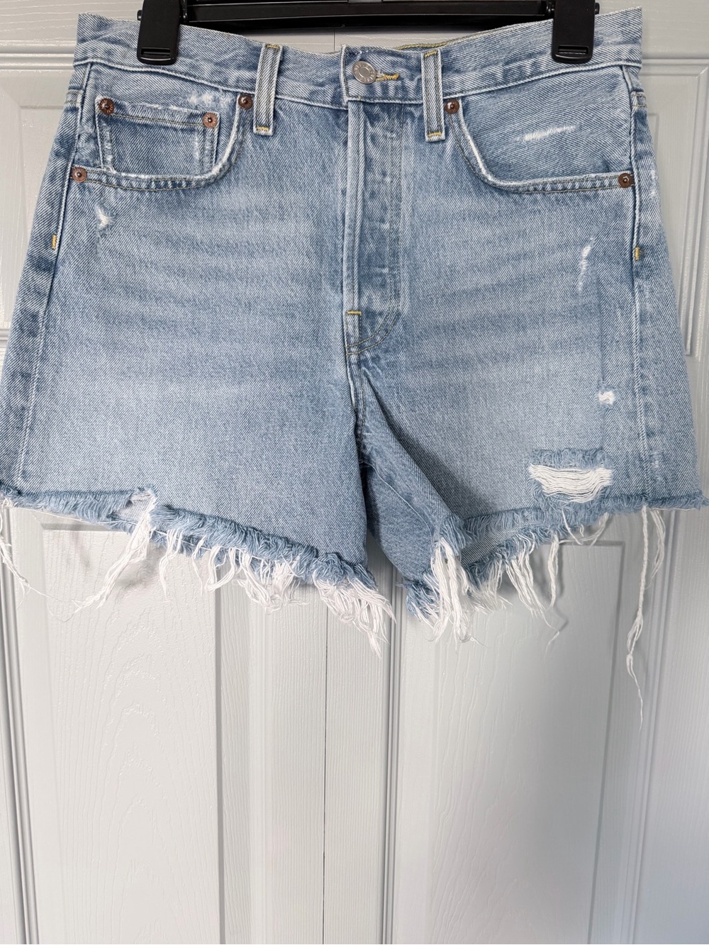 Agolde Parker Long Light Blue Distressed Denim Cutoff Shorts